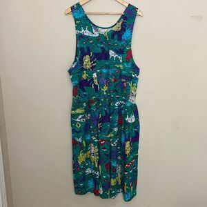 Vintage S. Roberts Cotton Colorful Print Sleeveless Midi Dress size M Artsy